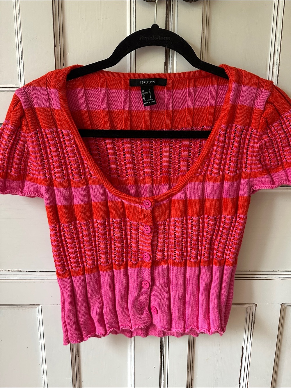 Forever 21 Red and Pink Striped Cropped Knit Cardigan